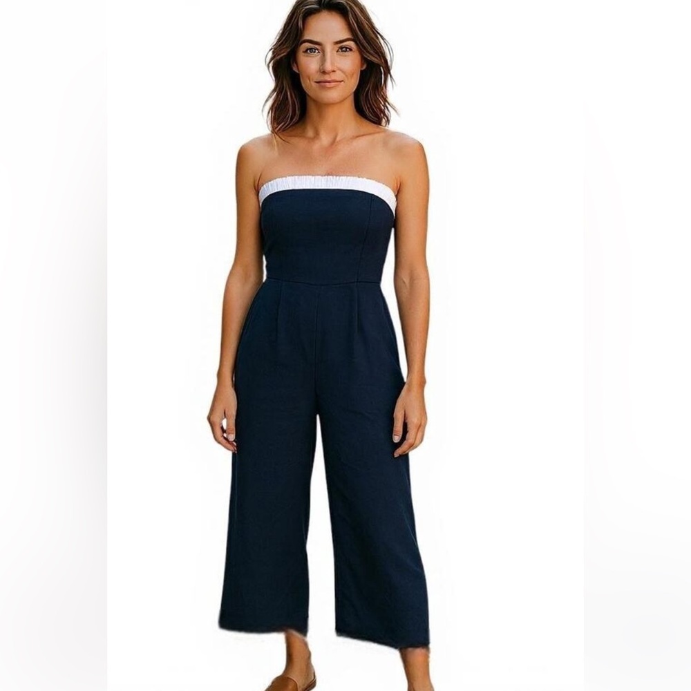 Monteau‎ Los Angeles Jumpsuit Women's Strapless Linen Blend Navy Smocked